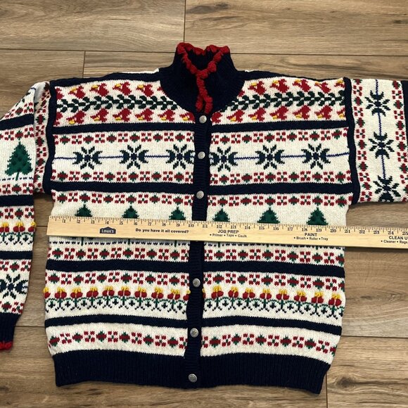 Christmas Cardigan Sweater SZ Large Fair Isle Holiday Trees 100% Wool Collared - Picture 6 of 13